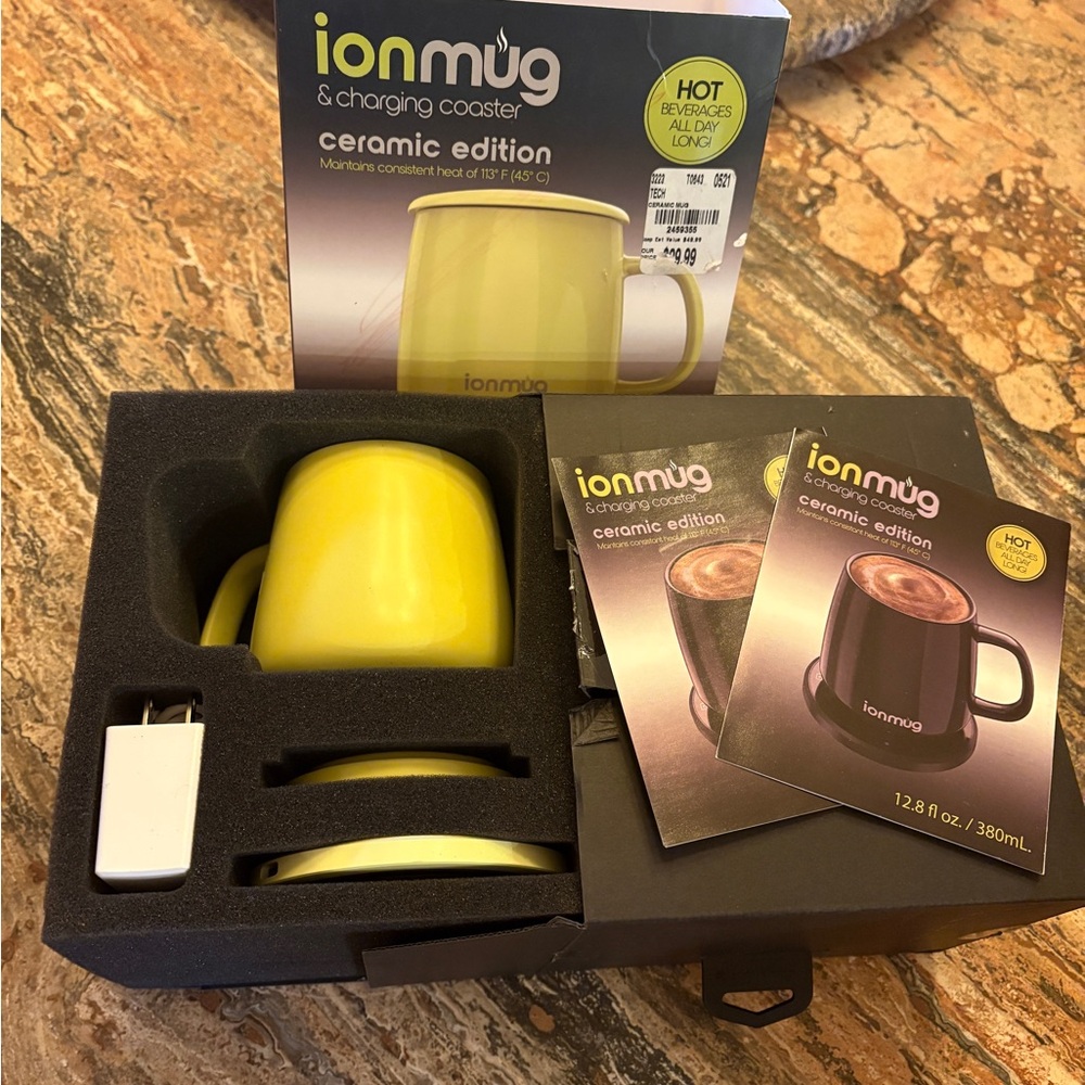 New In Box IonMug 12.8 oz Yellow Ceramic Edition Mug with Charging Coaster